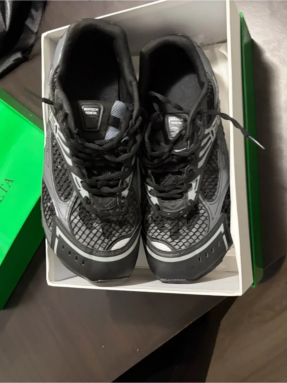 Bottega Veneta Neon Green Shopping Bag with Gray and Black Sneakers